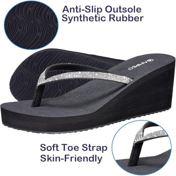 Ampeo  Size 8,  Rhinestone Thong Platform Flip Flops Wedge Sandals - Picture 4 of 6